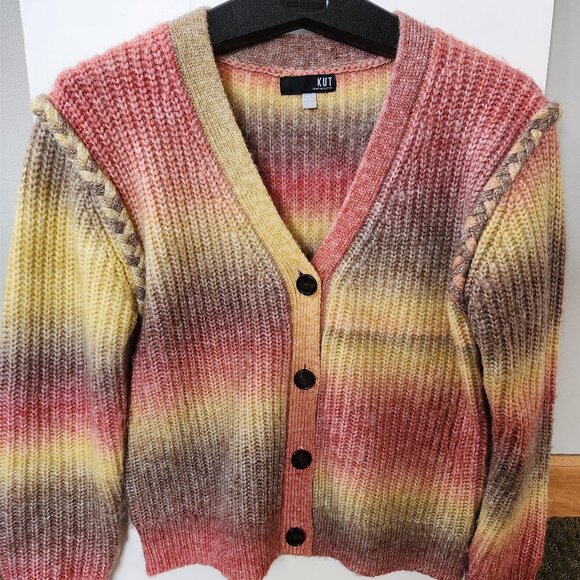 KUT FROM THE KLOTH Isla Braided Button Down Cardigan Oatmeal Coral Womens Sz S - Picture 2 of 6